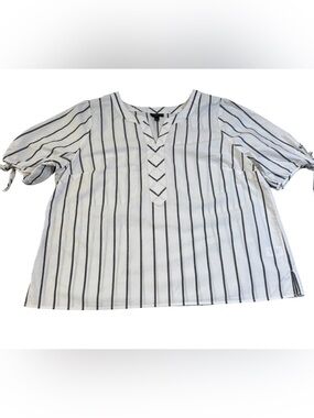 Talbots Fancy Stripe Tie Sleeve Top White Black XL Petite Popover Blouse EUC